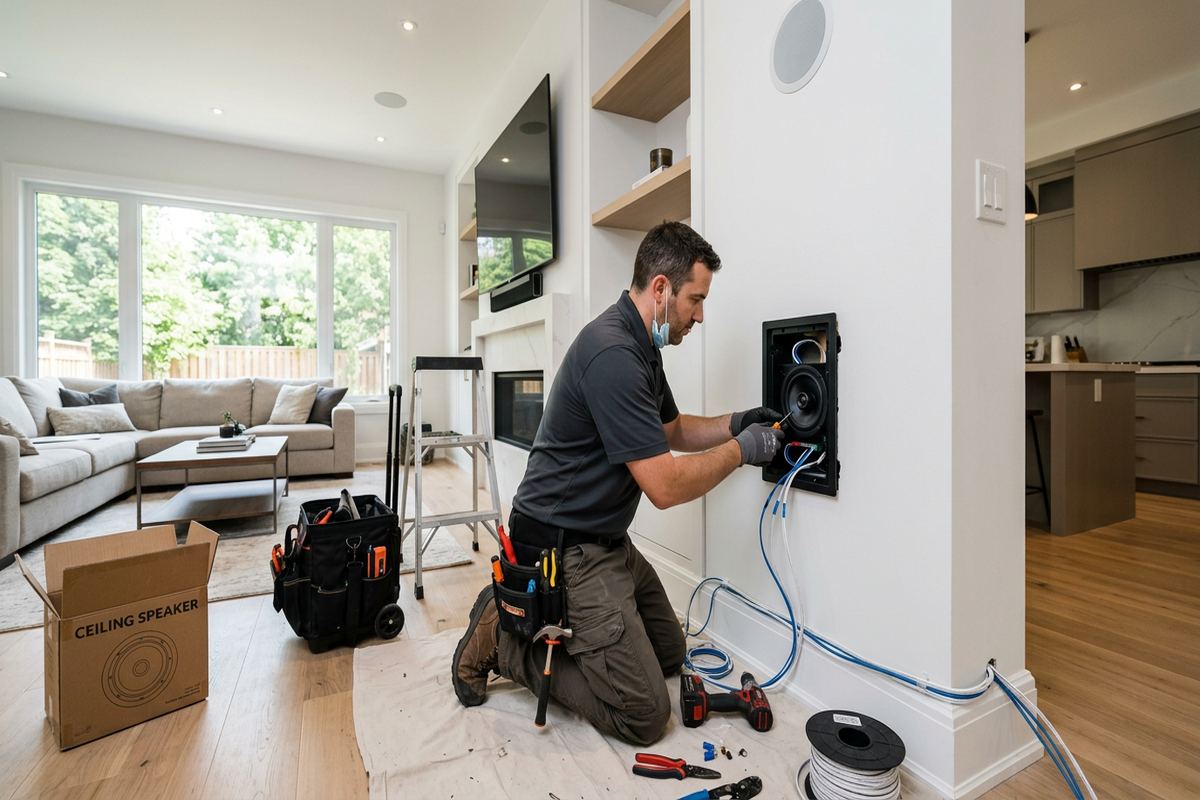 Whole-home audio installation being performed by a UnifiedLink low-voltage technician