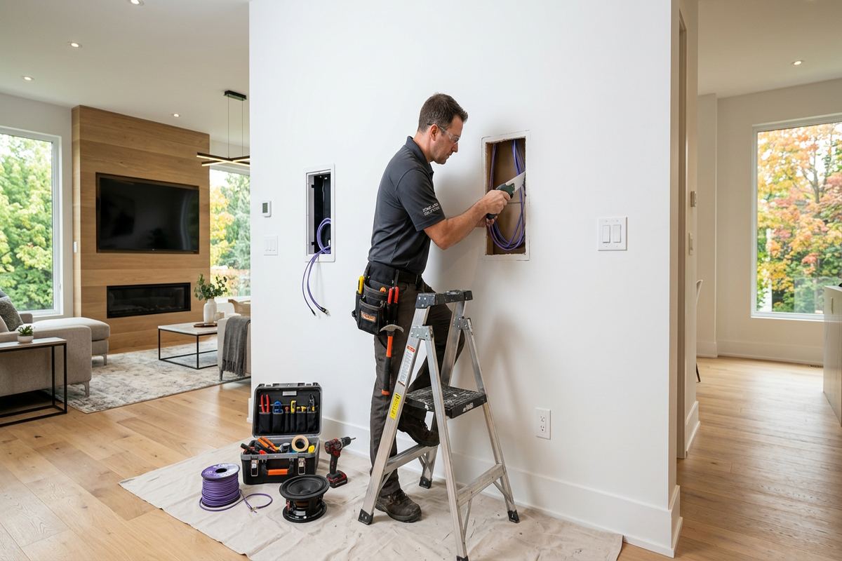In-wall speaker installation being performed by a UnifiedLink low-voltage technician