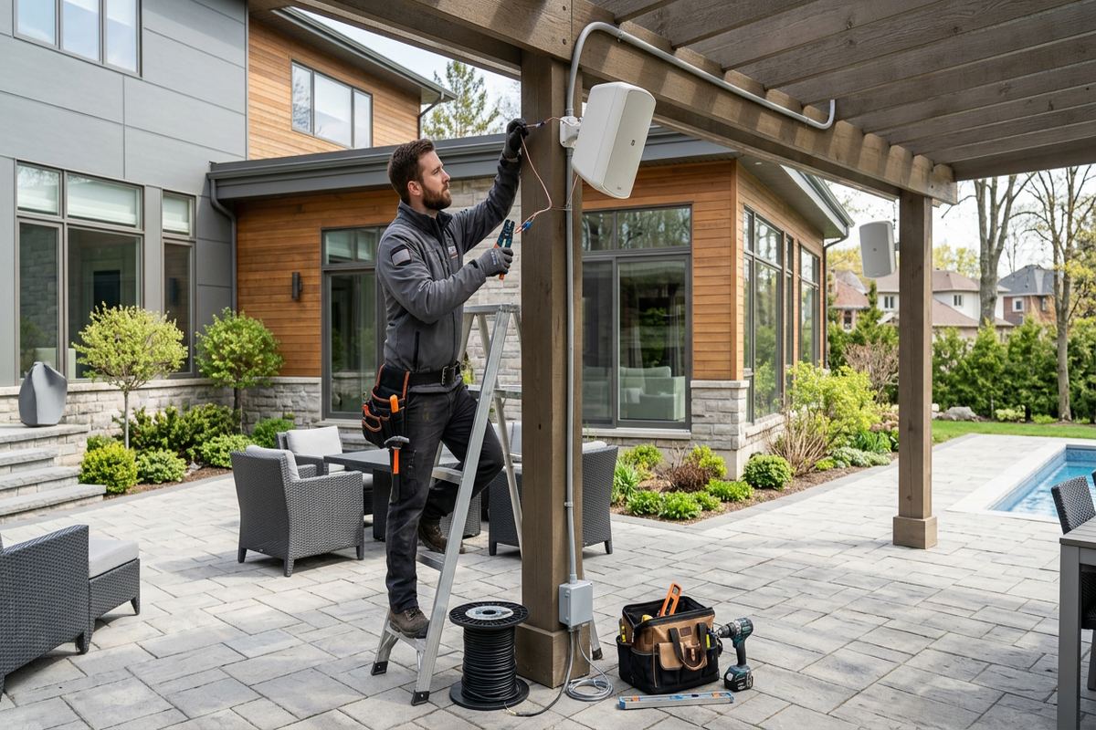 Outdoor speaker installation being performed by a UnifiedLink low-voltage technician