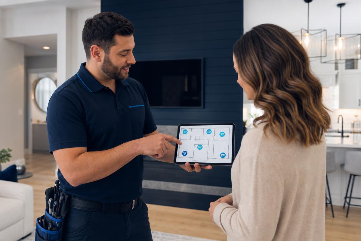 UnifiedLink technician reviewing a floor plan with a homeowner